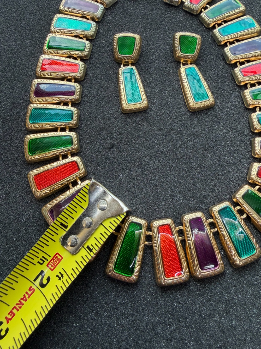 Vintage Gold-Tone Multicolor Enamel Link Necklace And Earrings Set - Picture 6 of 9